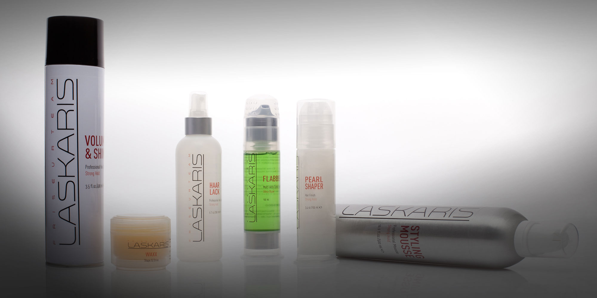 Die Laskaris Produktserie: Volume & Shine, WAXX, Haarlack, Flabber, Pearl Shaper und Styling Mousse